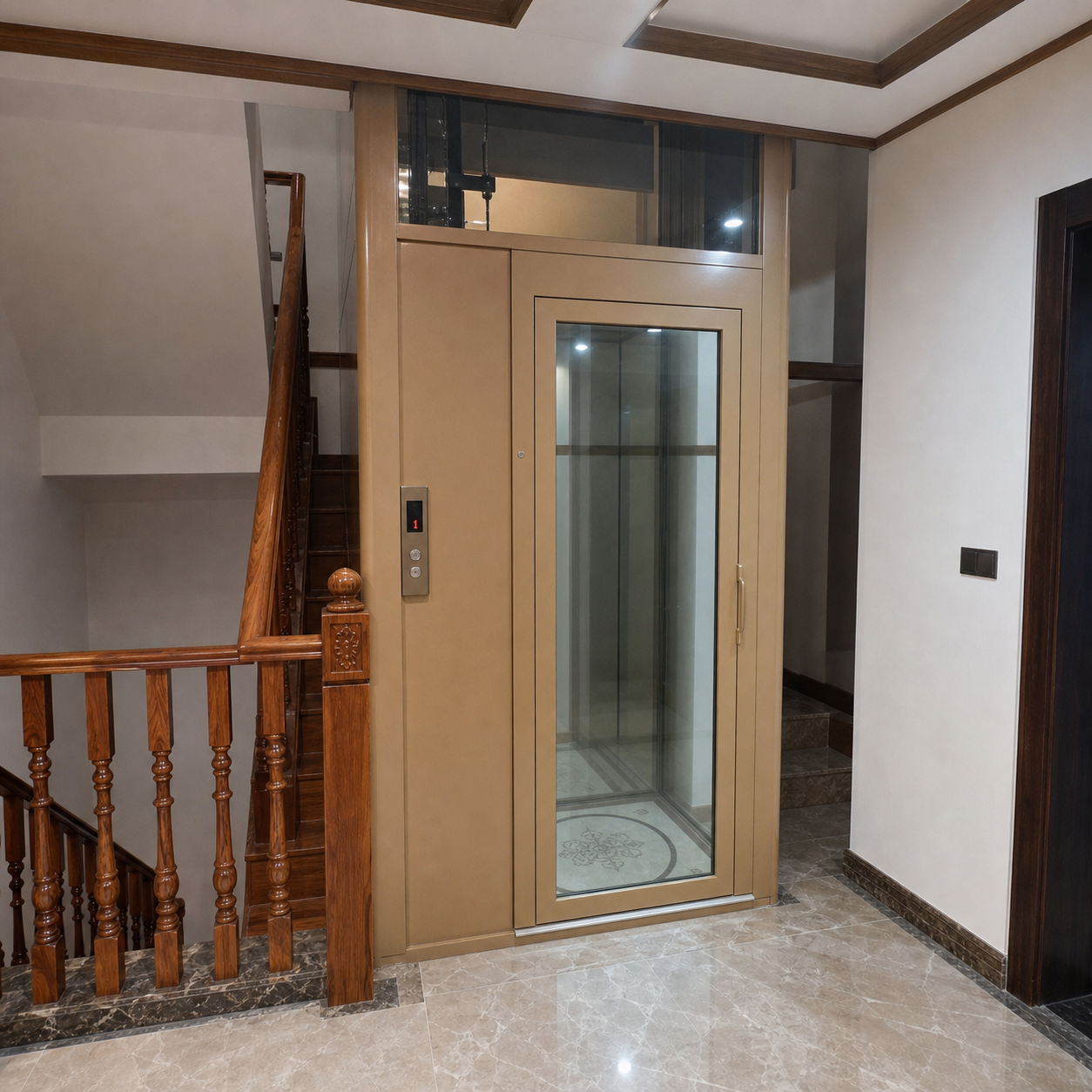 Luxury gold color shaft home elevator inside a premium villa next to stairs