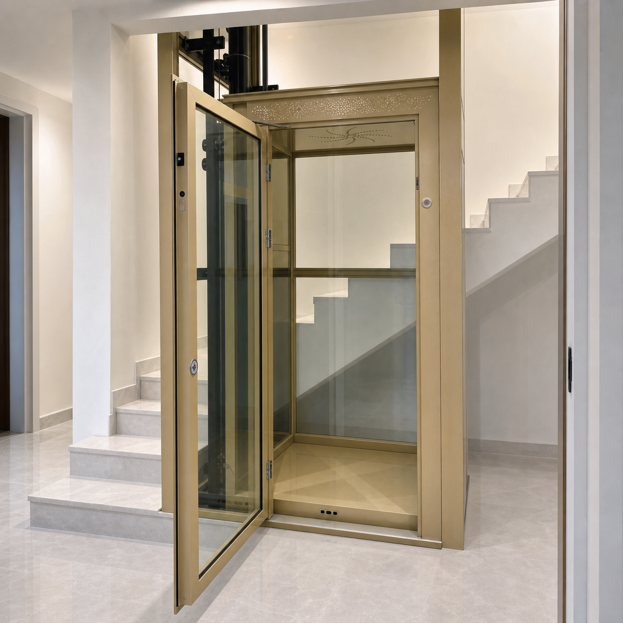 Safelylift home elevator square shaft technical drawing with light structure and supporting wall dimensions