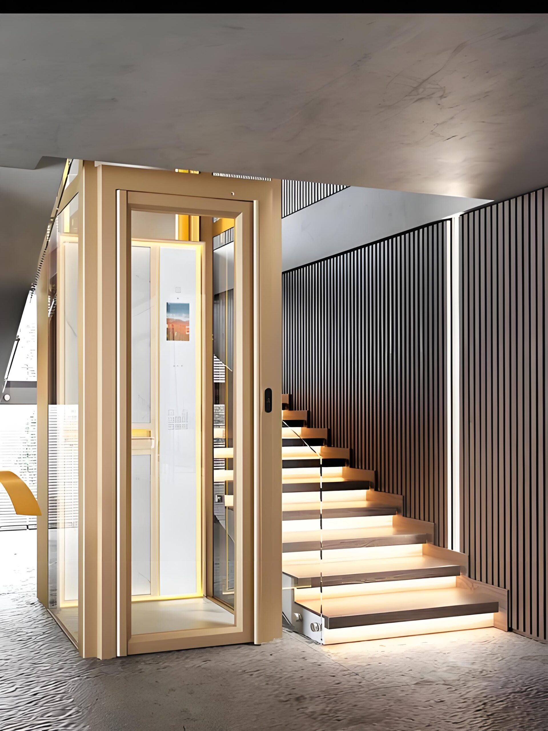 Gold color structure luxury shaft home elevator inside a villa next to stairs