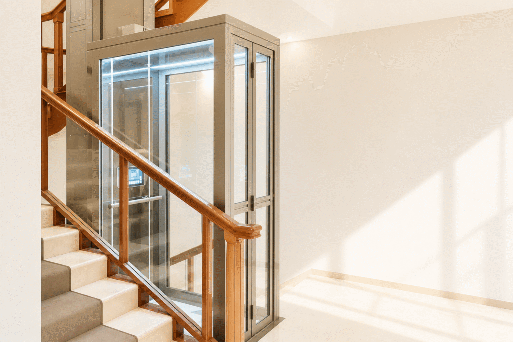 Modern champagne gold shaftless home lift with glass cabin installed next to a residential staircase